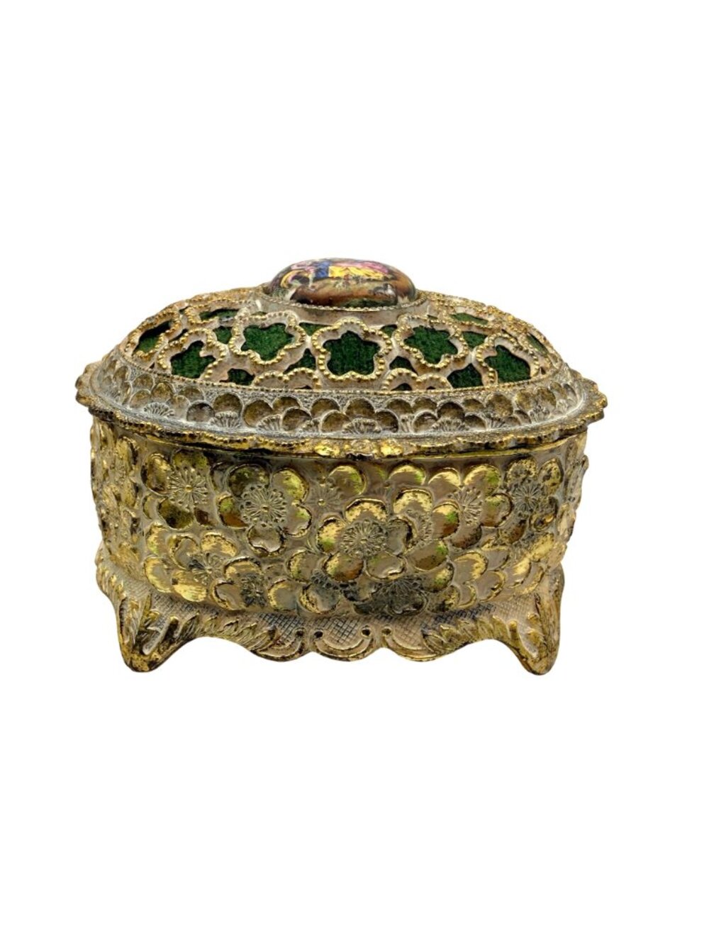 VTG Mele Musical Trinket Jewelry Box Sankyo Gold Filigree Green Velvet Japan - Picture 2 of 10